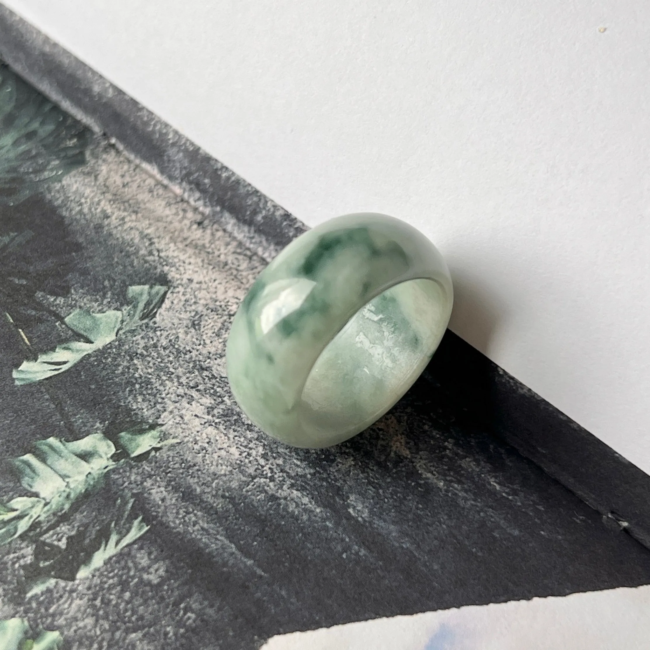 19.2mm A-Grade Natural Floral Jadeite Abacus Ring Band No.161663