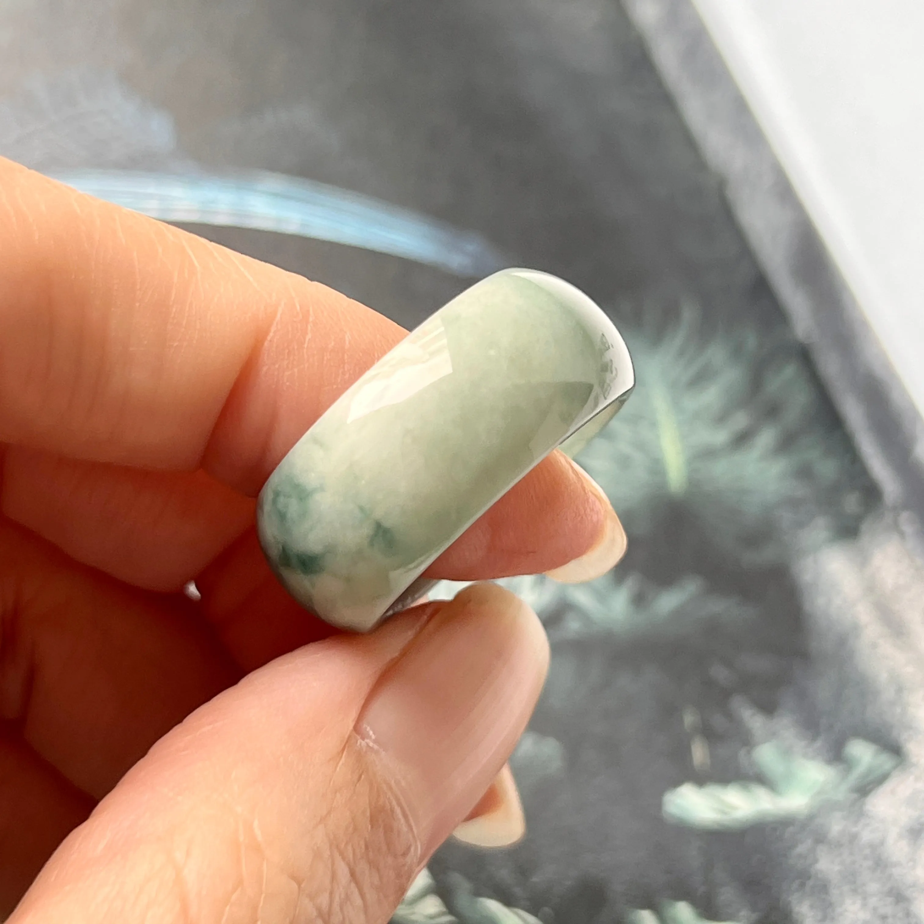 19.2mm A-Grade Natural Floral Jadeite Abacus Ring Band No.161663