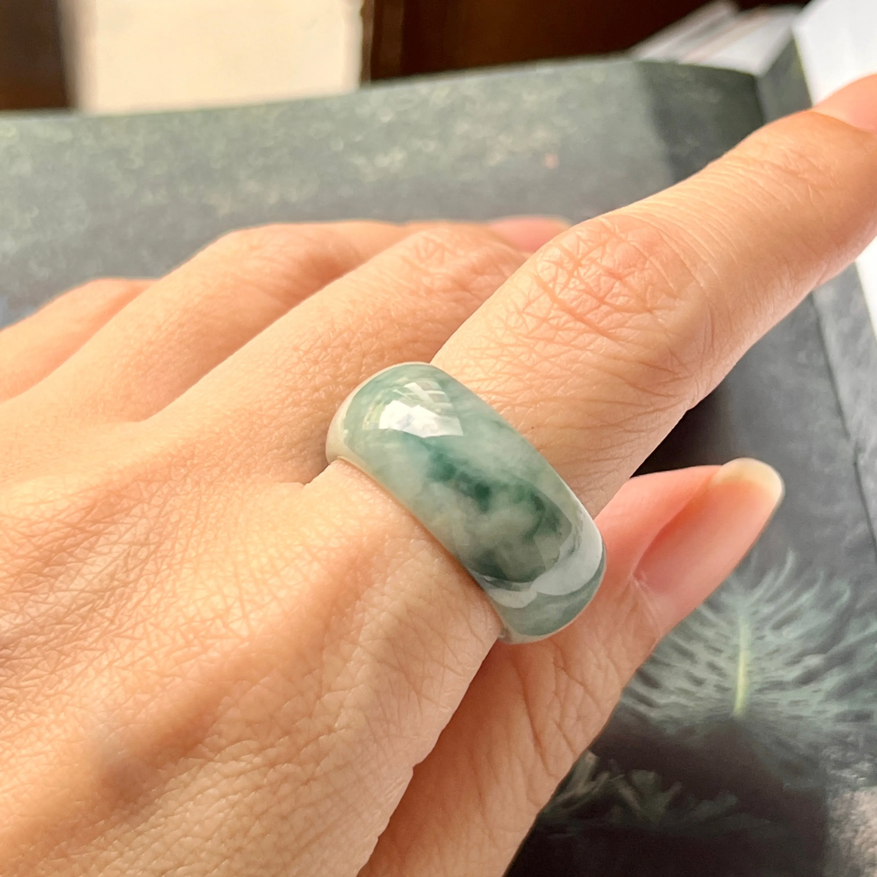 19.2mm A-Grade Natural Floral Jadeite Abacus Ring Band No.161663