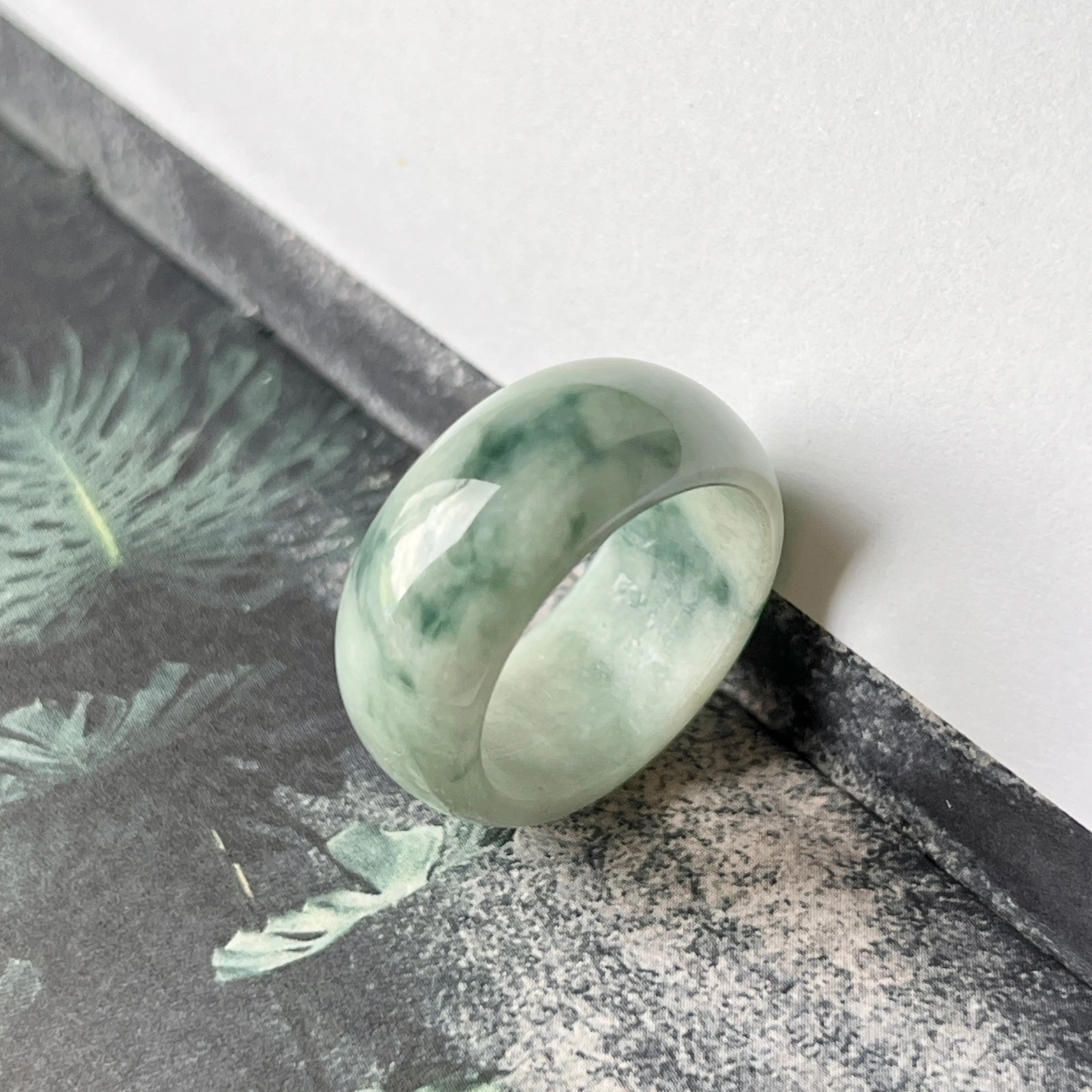 19.2mm A-Grade Natural Floral Jadeite Abacus Ring Band No.161663