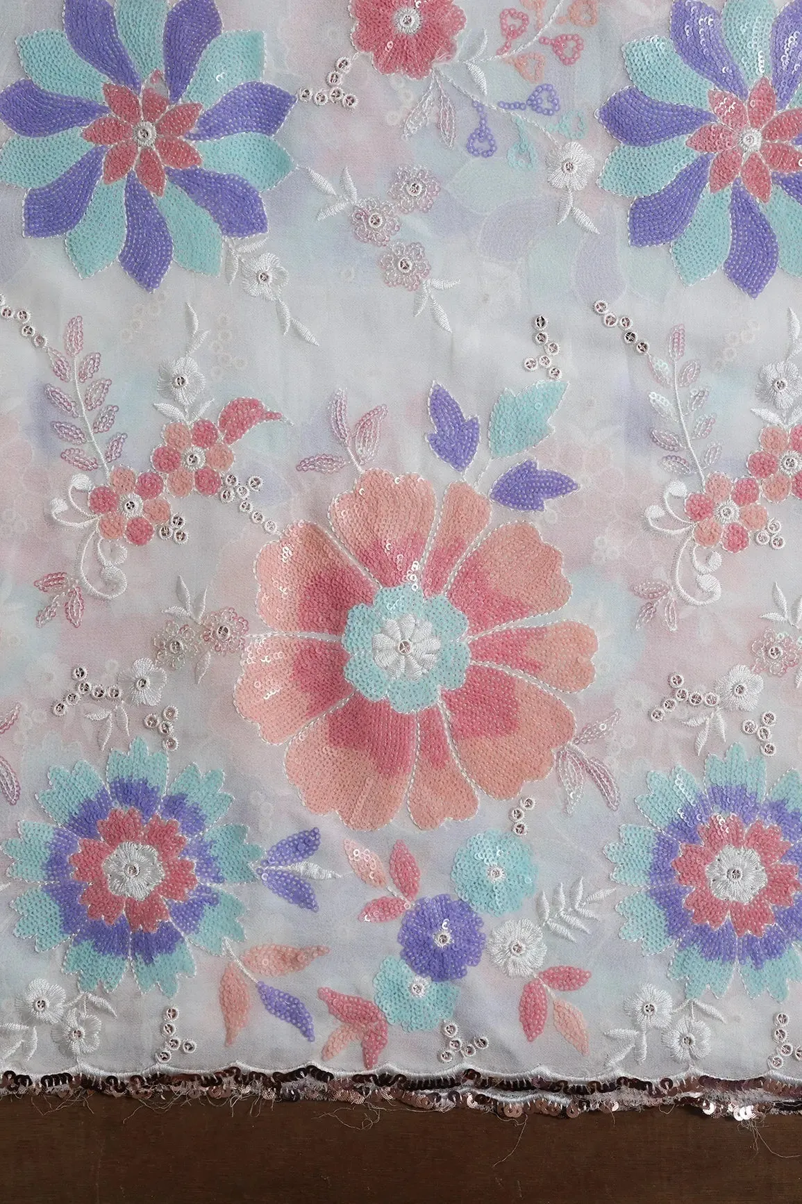 Big Width "56" Multi Sequins Beautiful Floral Embroidery On White Viscose Georgette Fabric