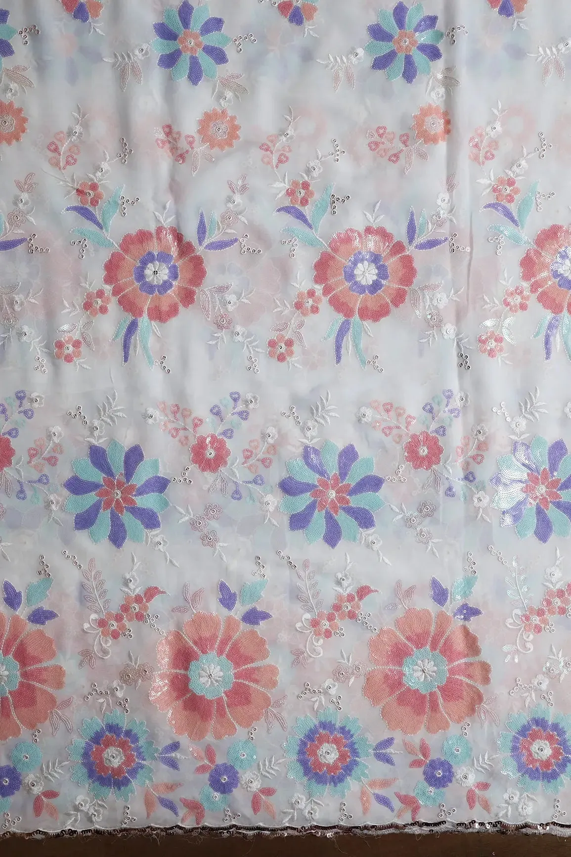 Big Width "56" Multi Sequins Beautiful Floral Embroidery On White Viscose Georgette Fabric