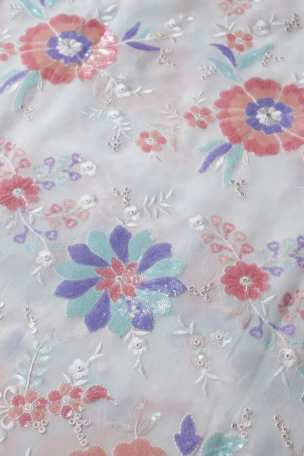 Big Width "56" Multi Sequins Beautiful Floral Embroidery On White Viscose Georgette Fabric