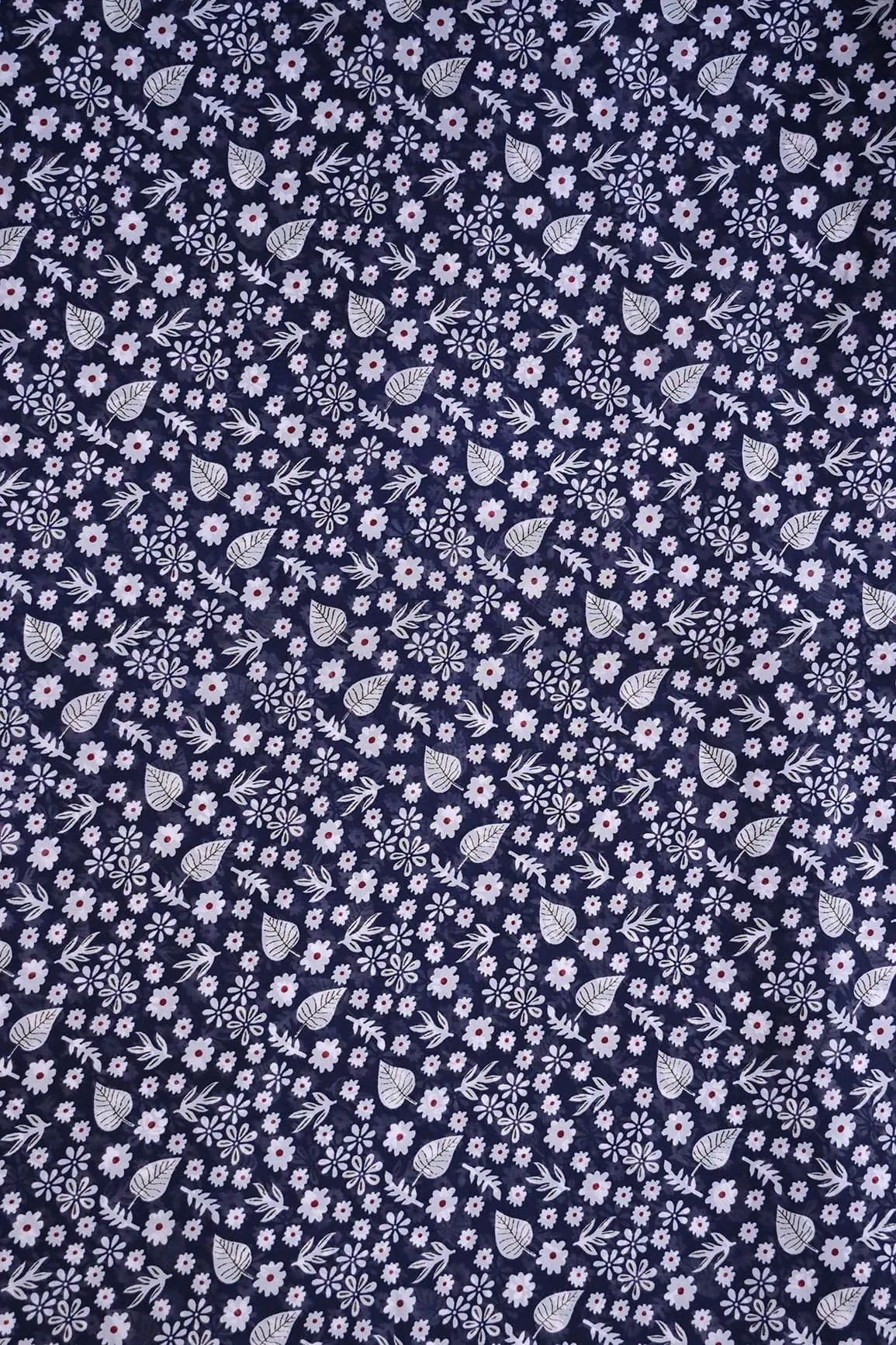 Big Width "56" White Small Floral Digital Print On Navy Blue Georgette Fabric