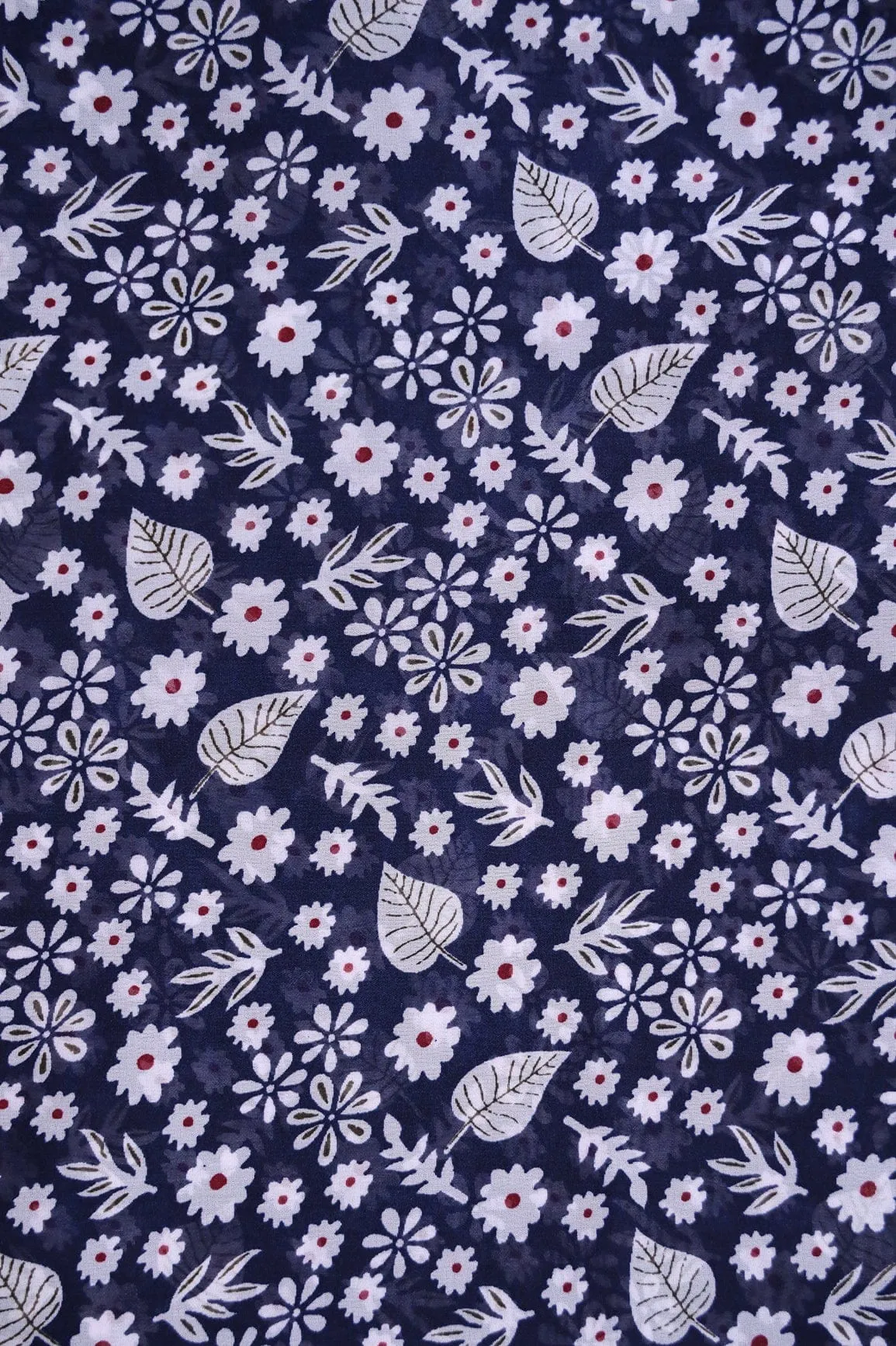 Big Width "56" White Small Floral Digital Print On Navy Blue Georgette Fabric