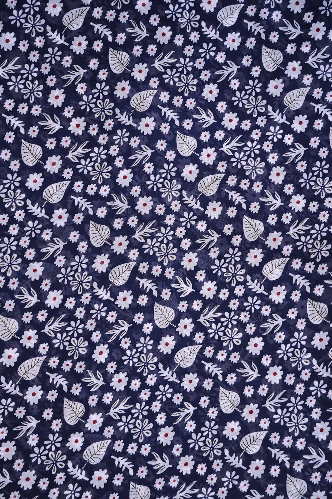 Big Width "56" White Small Floral Digital Print On Navy Blue Georgette Fabric
