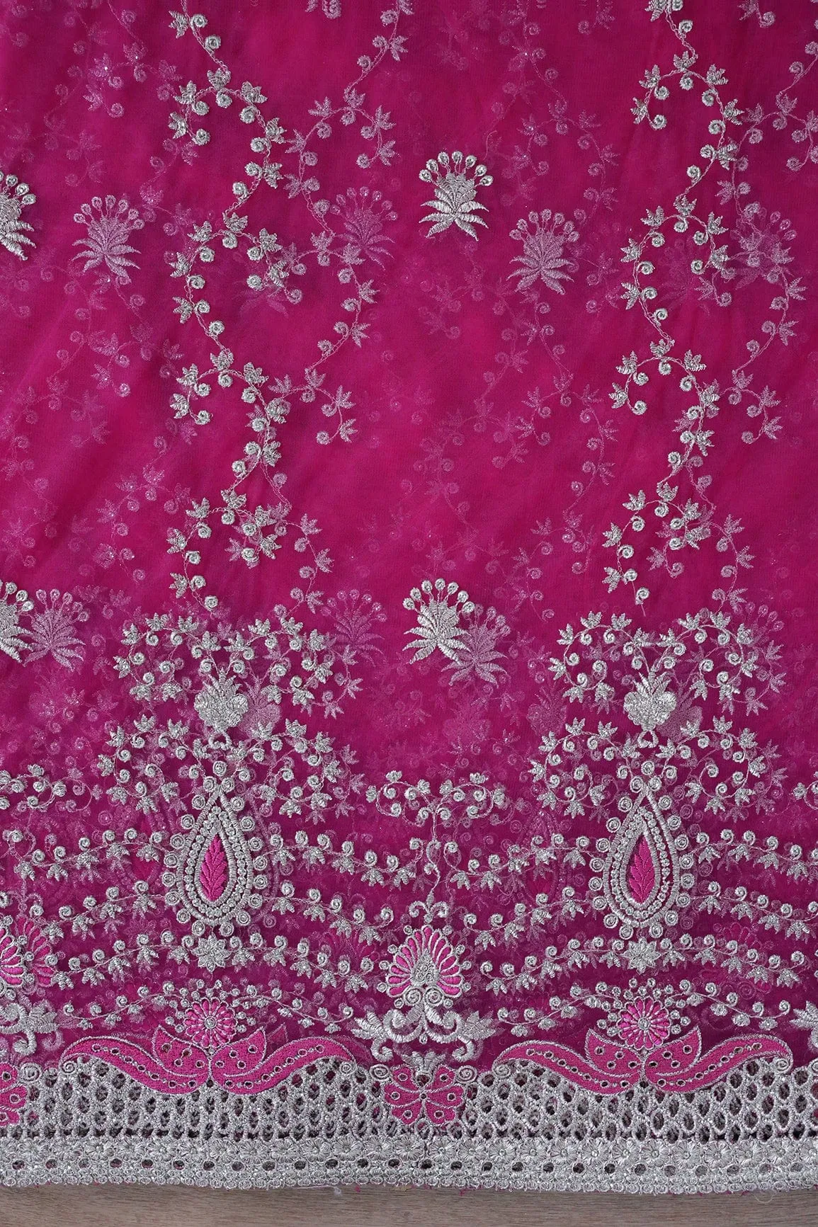 Big Width''56'' Fuchsia Thread With Zari Leafy Embroidery Work On Fuchsia Soft Net Fabric With Border