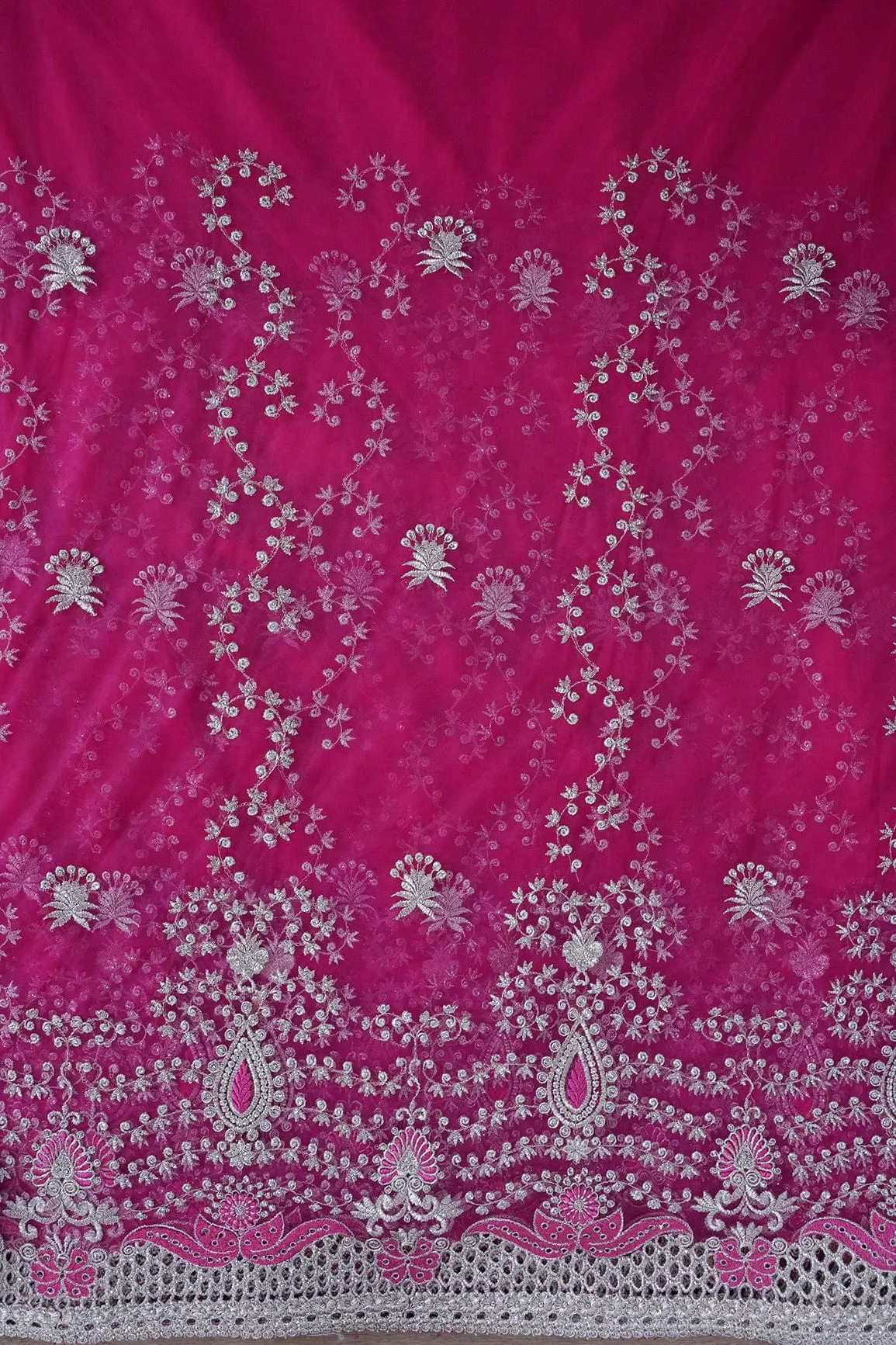 Big Width''56'' Fuchsia Thread With Zari Leafy Embroidery Work On Fuchsia Soft Net Fabric With Border