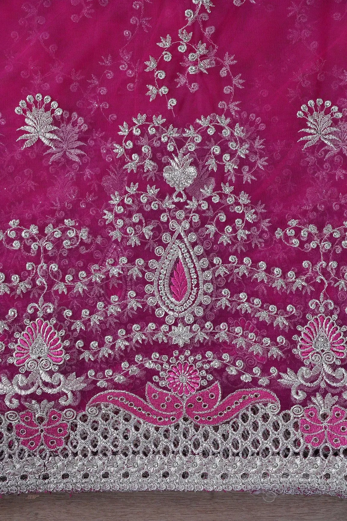 Big Width''56'' Fuchsia Thread With Zari Leafy Embroidery Work On Fuchsia Soft Net Fabric With Border