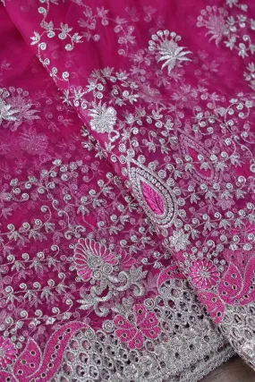 Big Width''56'' Fuchsia Thread With Zari Leafy Embroidery Work On Fuchsia Soft Net Fabric With Border