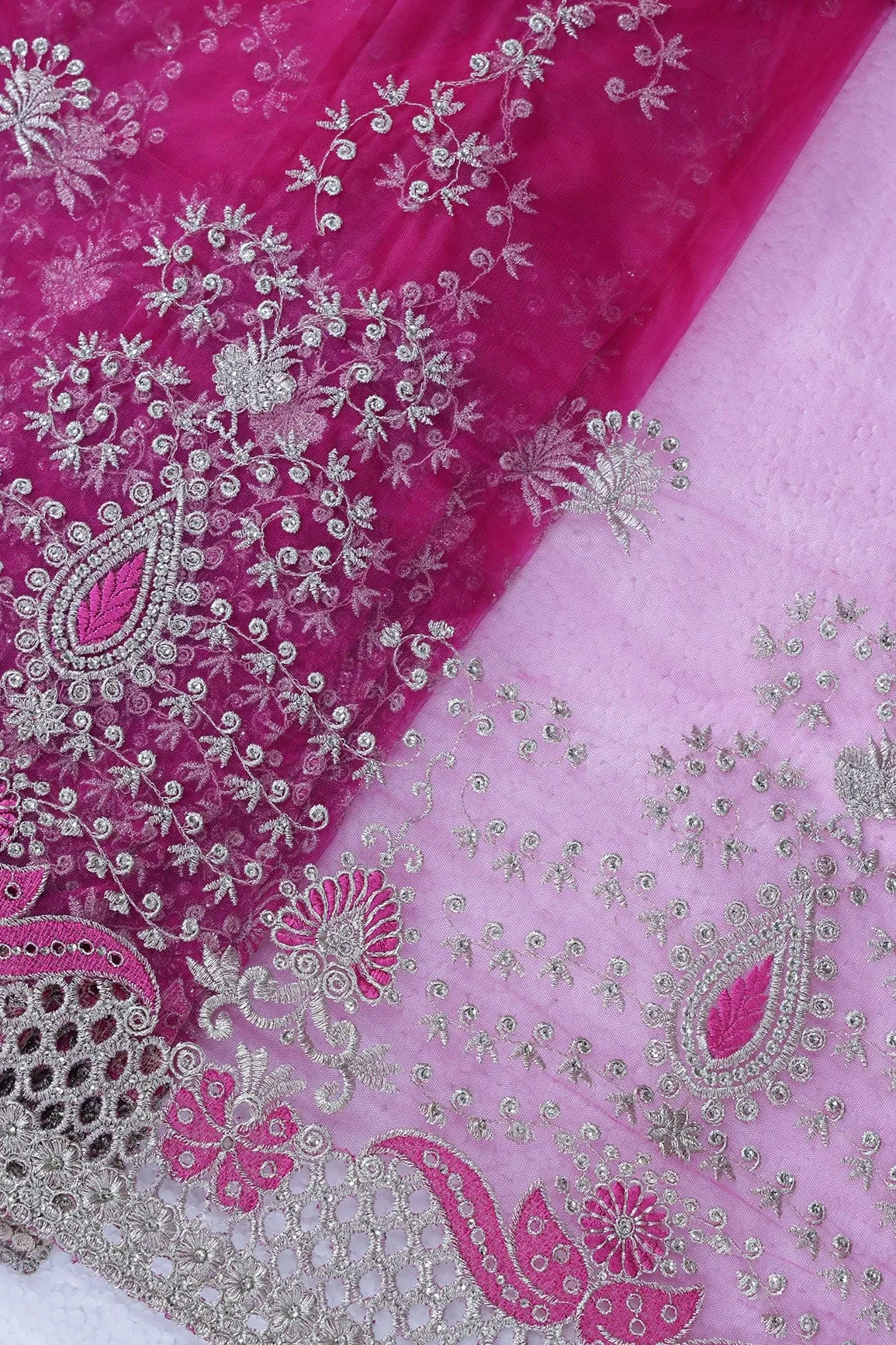 Big Width''56'' Fuchsia Thread With Zari Leafy Embroidery Work On Fuchsia Soft Net Fabric With Border