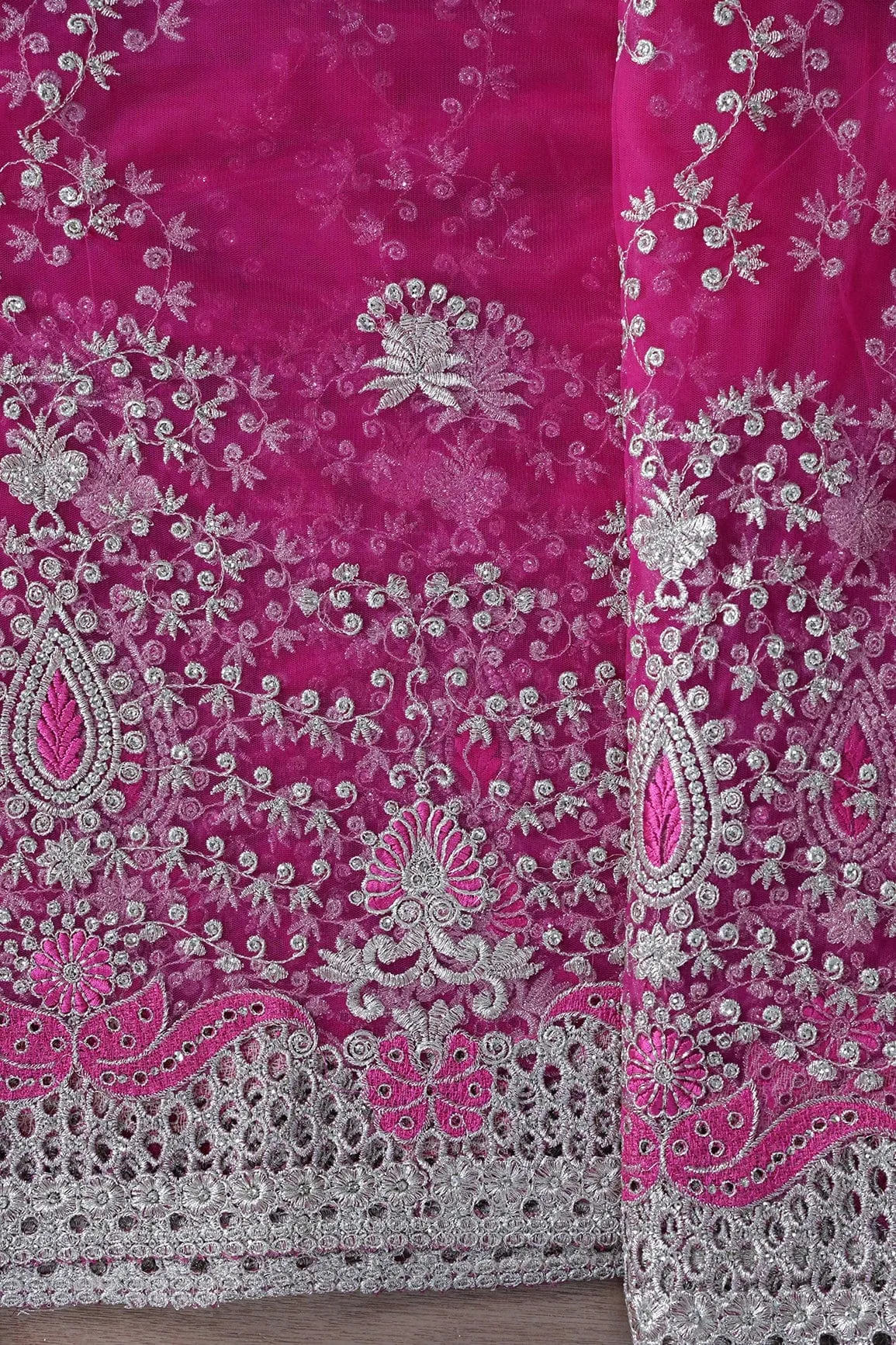 Big Width''56'' Fuchsia Thread With Zari Leafy Embroidery Work On Fuchsia Soft Net Fabric With Border