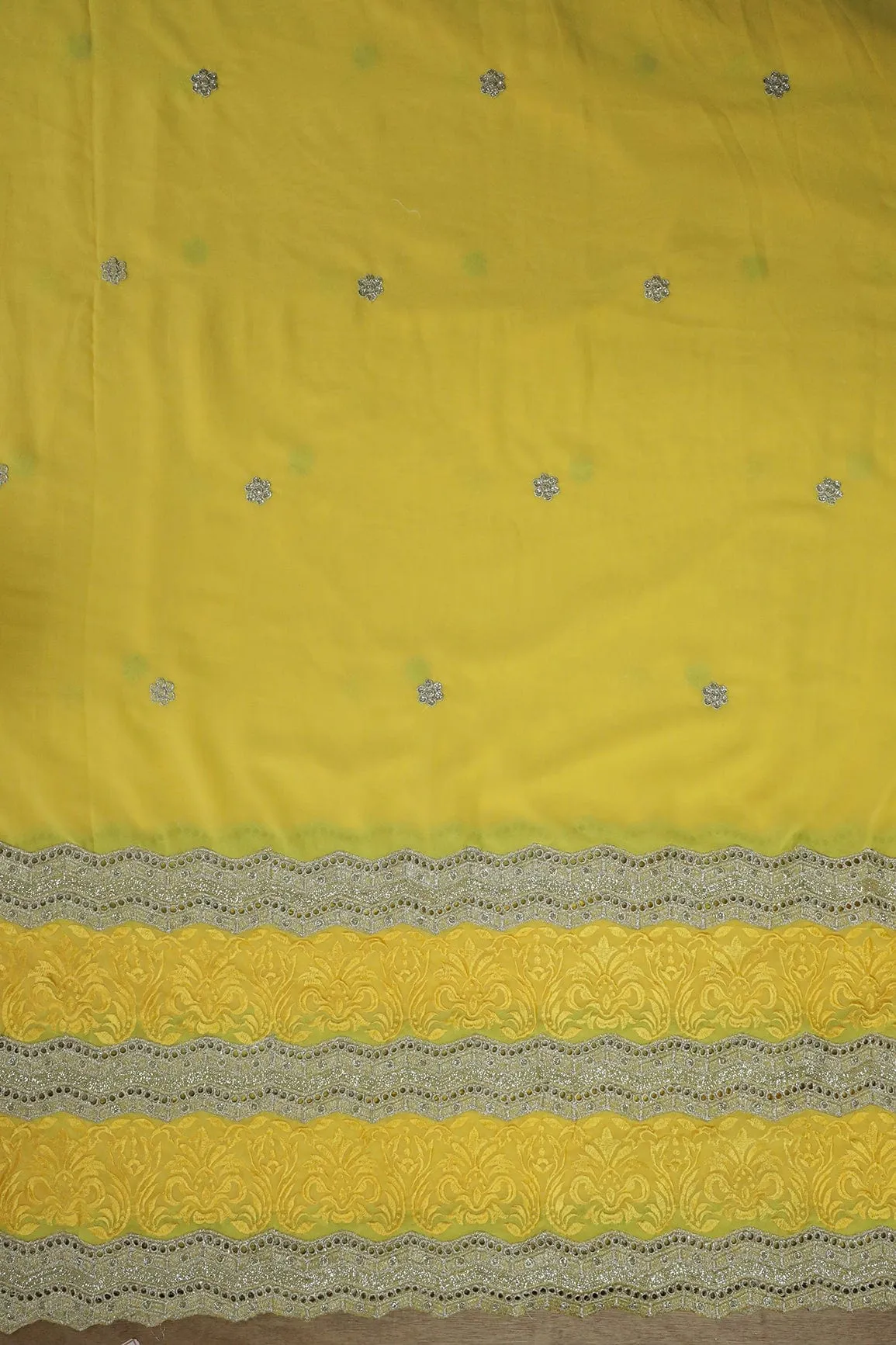 Big Width''56'' Yellow Thread With Zari Ethnic Embroidery Work On Yellow Georgette Fabric With Border