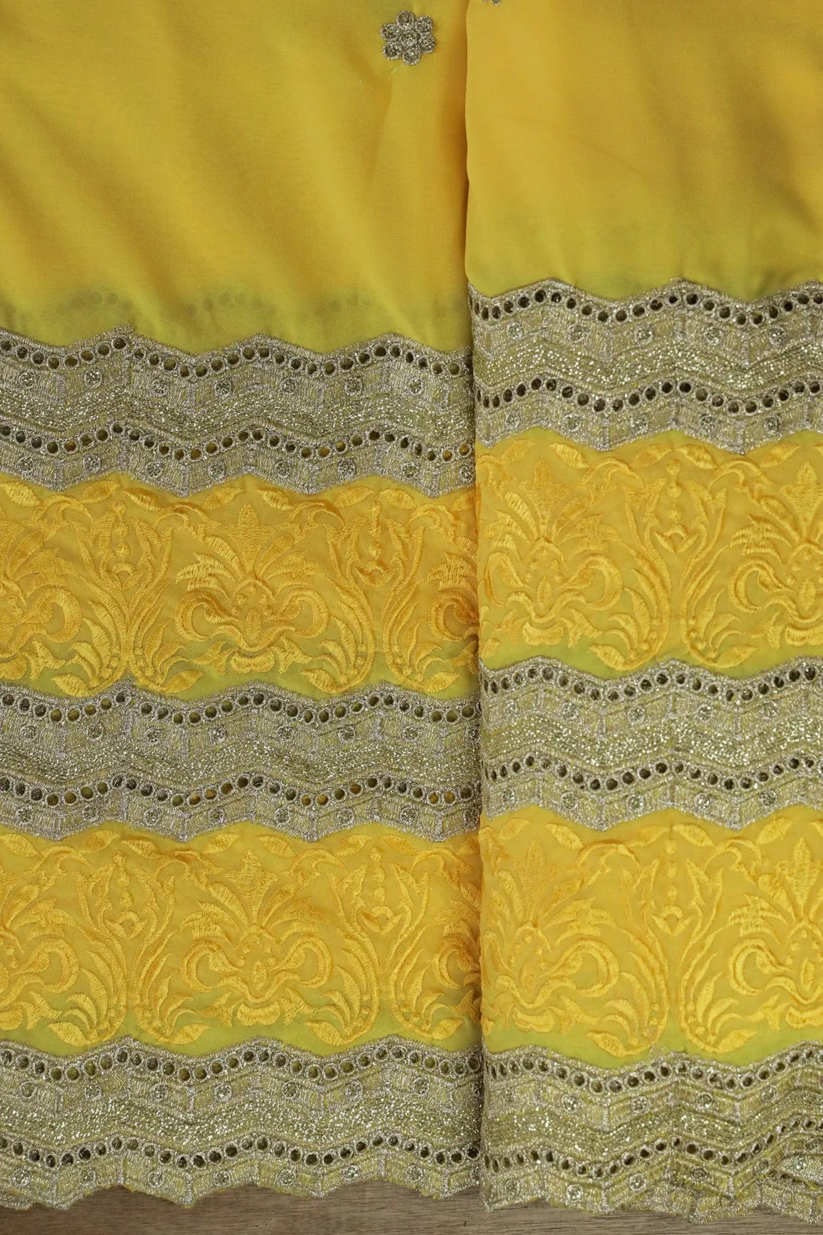 Big Width''56'' Yellow Thread With Zari Ethnic Embroidery Work On Yellow Georgette Fabric With Border