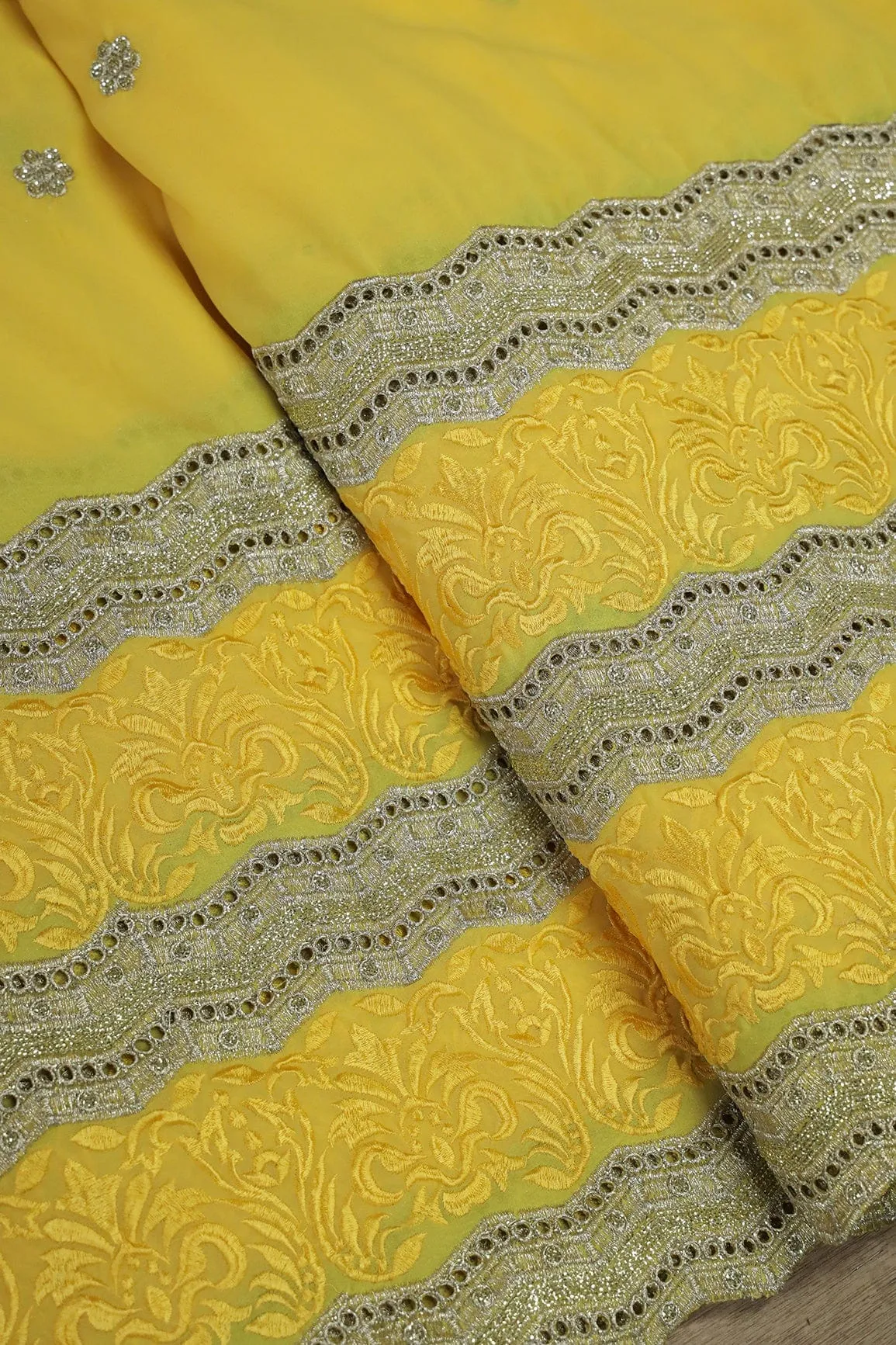 Big Width''56'' Yellow Thread With Zari Ethnic Embroidery Work On Yellow Georgette Fabric With Border