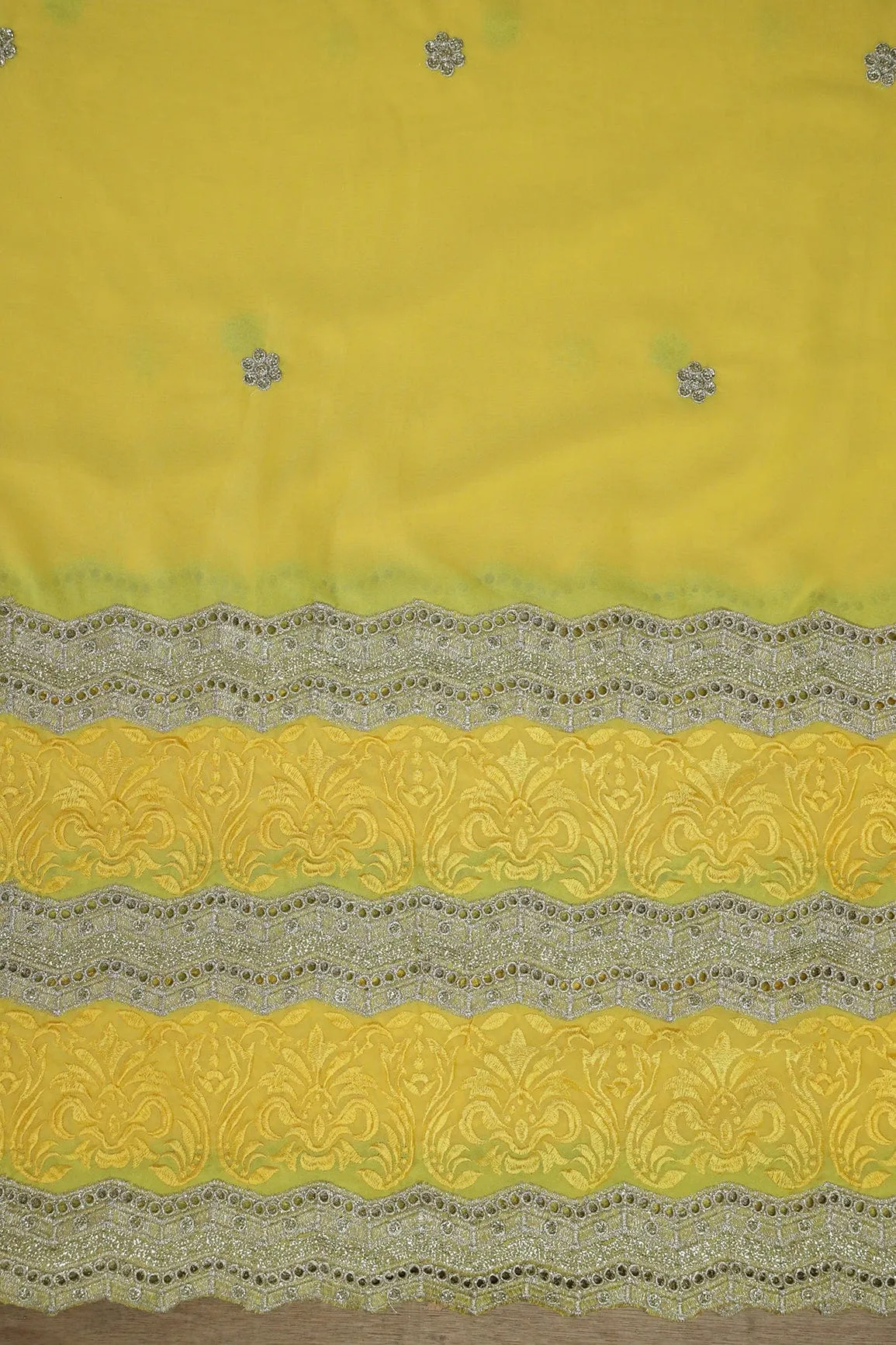 Big Width''56'' Yellow Thread With Zari Ethnic Embroidery Work On Yellow Georgette Fabric With Border