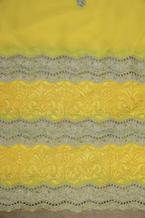 Big Width''56'' Yellow Thread With Zari Ethnic Embroidery Work On Yellow Georgette Fabric With Border