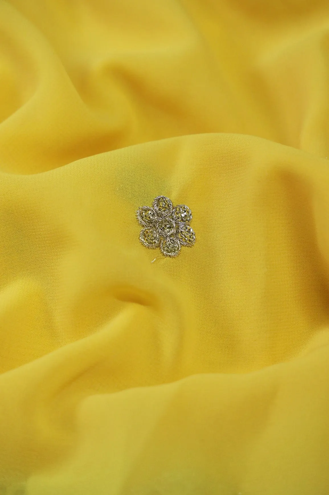 Big Width''56'' Yellow Thread With Zari Ethnic Embroidery Work On Yellow Georgette Fabric With Border