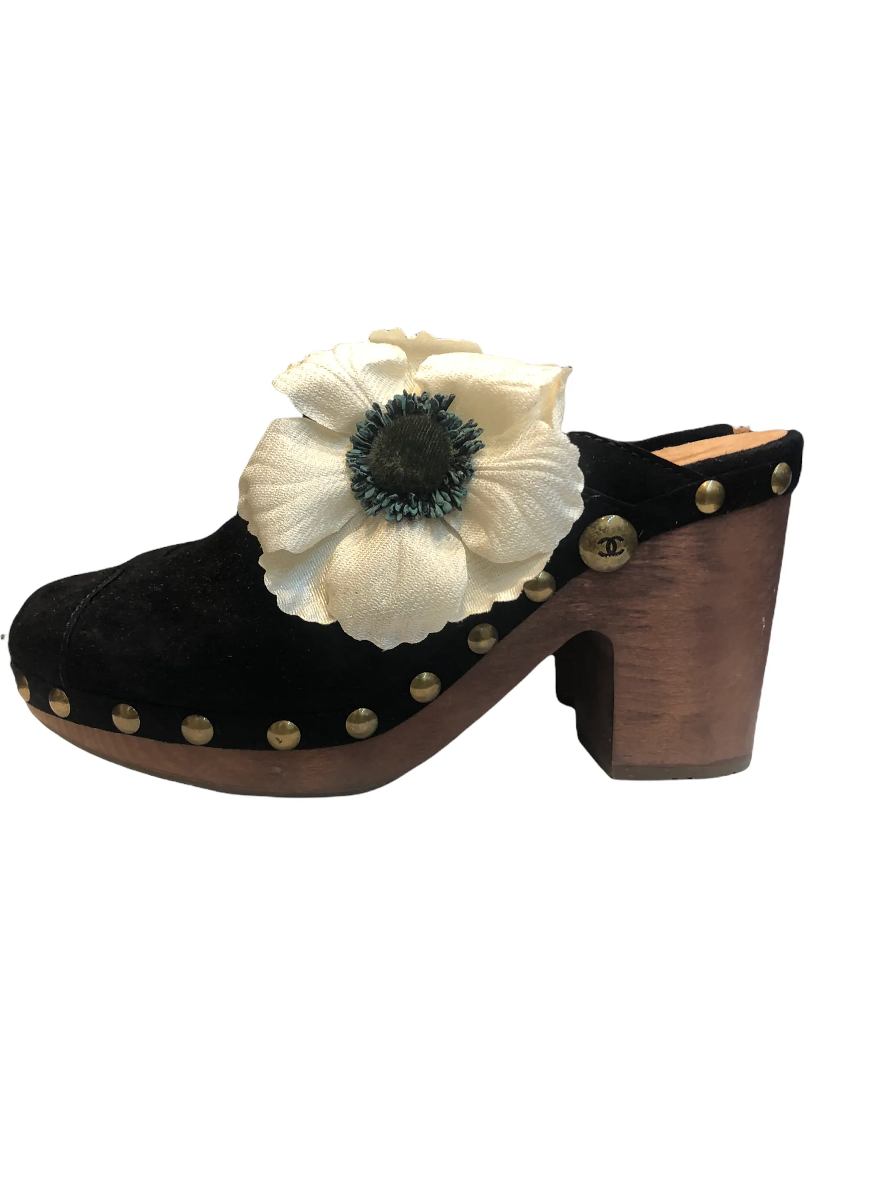 Chanel Black Suede Block Heel Clogs - UK 6