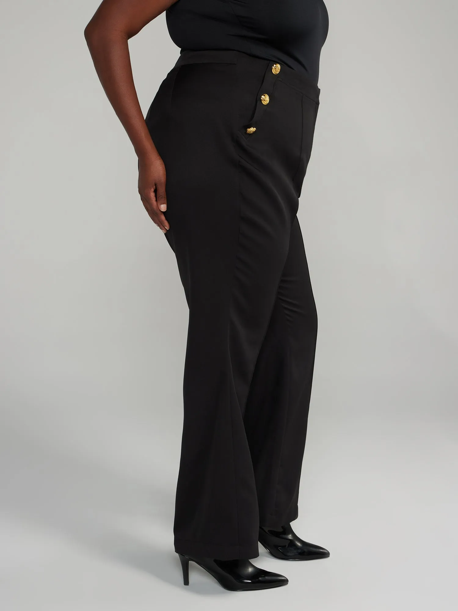 High-Rise Button Detail Flare Leg Pants