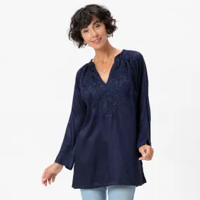 Navy Embroidered Satin Tunic