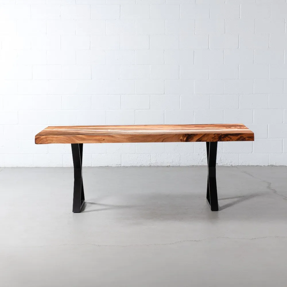 Straight Cut Suar Table with Black X Shaped Legs/Natural Finish