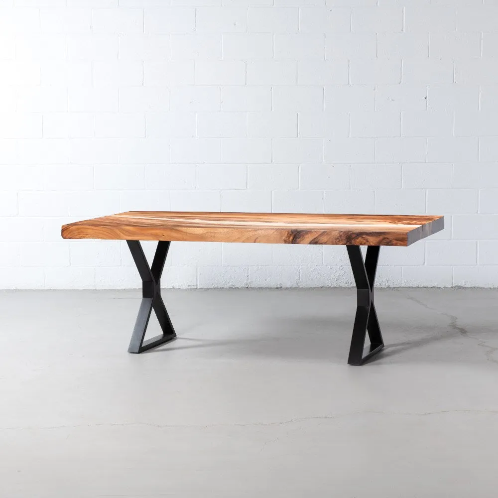 Straight Cut Suar Table with Black X Shaped Legs/Natural Finish