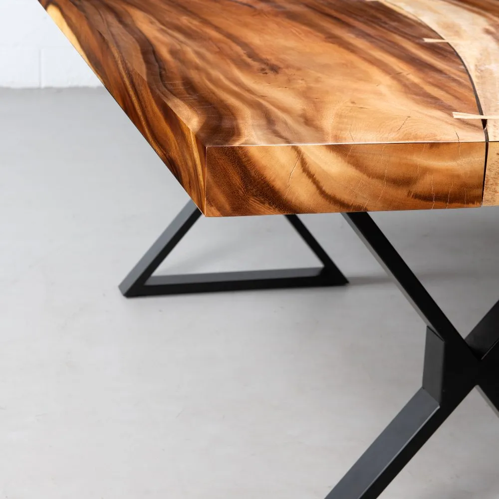 Straight Cut Suar Table with Black X Shaped Legs/Natural Finish