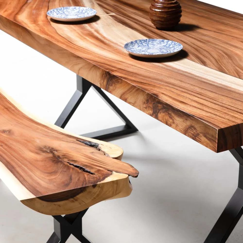 Straight Cut Suar Table with Black X Shaped Legs/Natural Finish