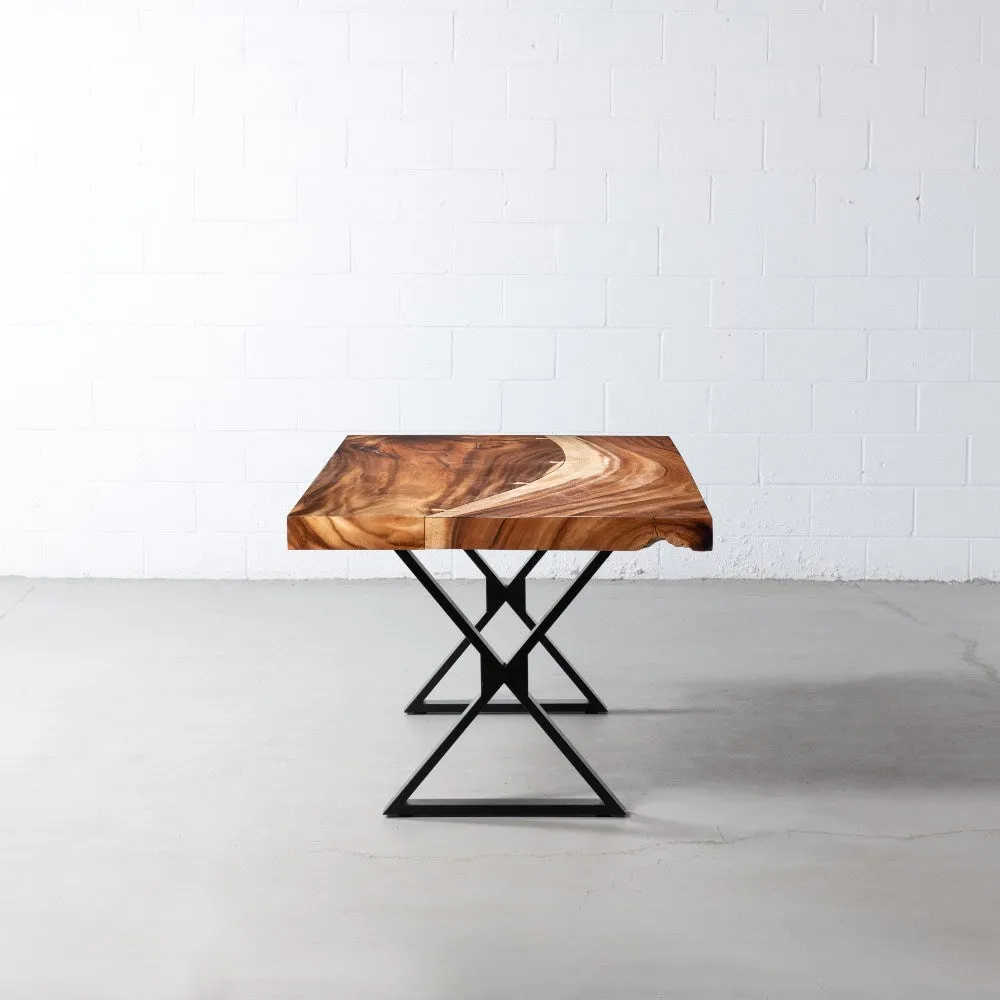 Straight Cut Suar Table with Black X Shaped Legs/Natural Finish