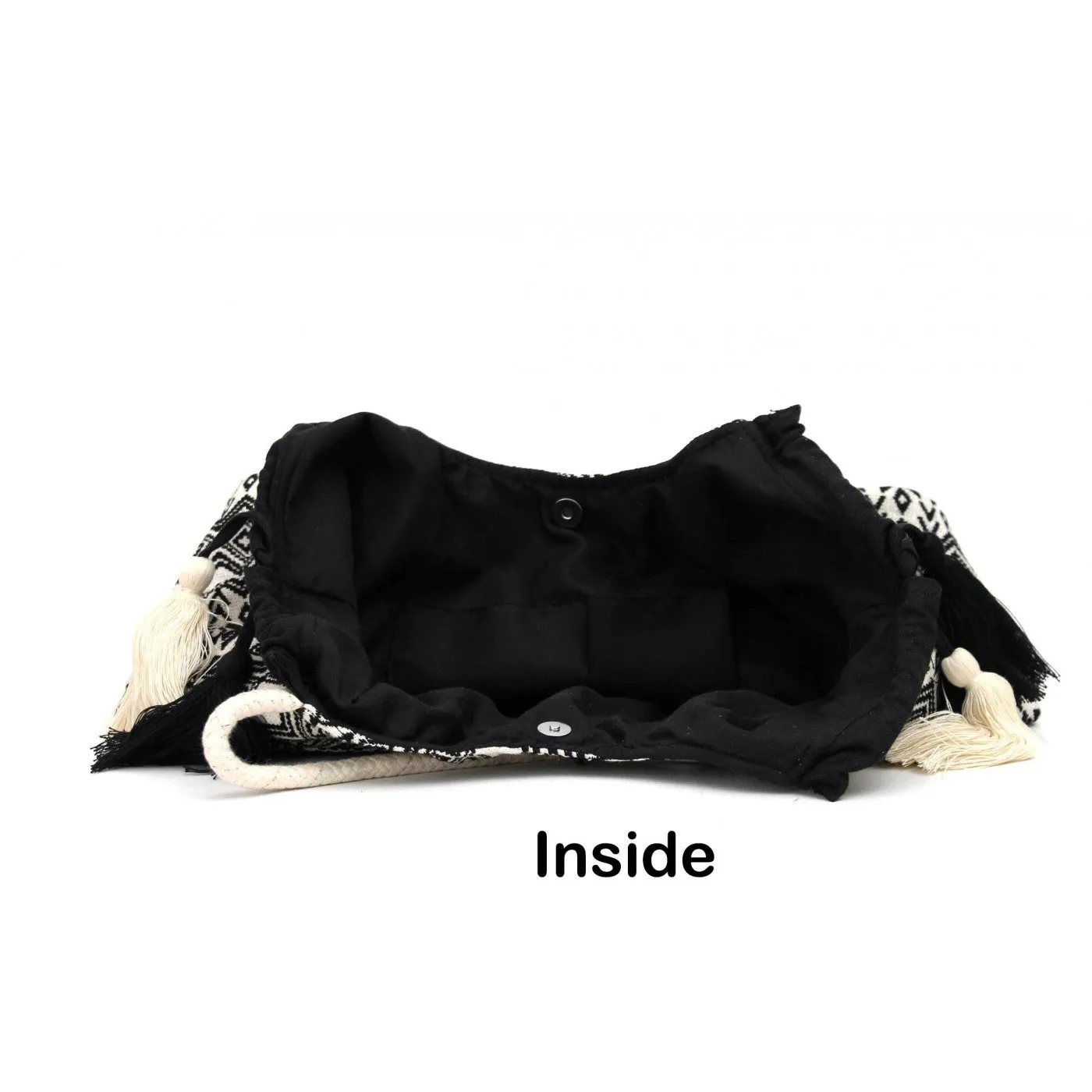 Women Black Jacquard Cotton Rope Shoulder Bag With Tassels