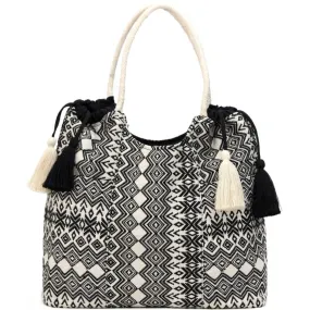 Women Black Jacquard Cotton Rope Shoulder Bag With Tassels