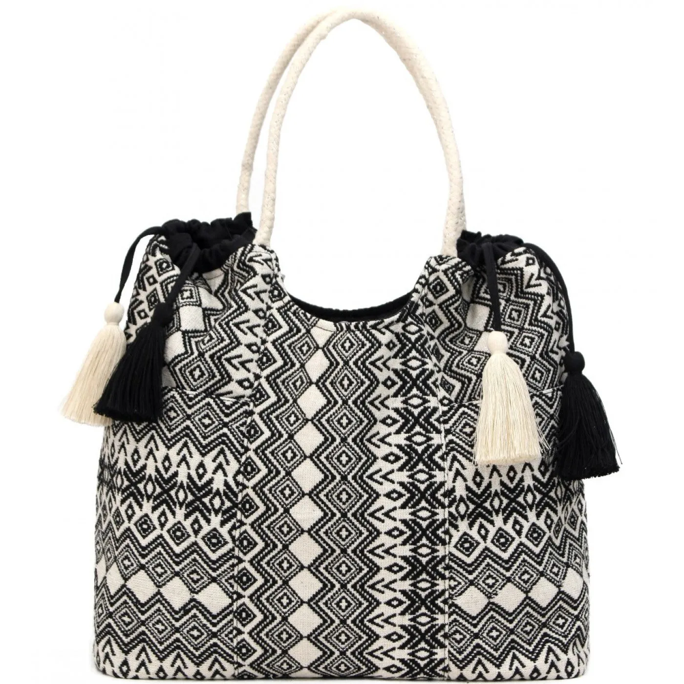 Women Black Jacquard Cotton Rope Shoulder Bag With Tassels